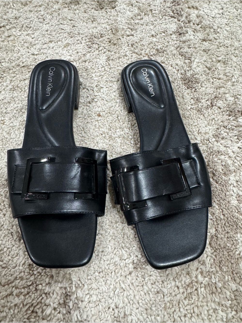 Calvin Klein Black Leather Buckle Slide Mules